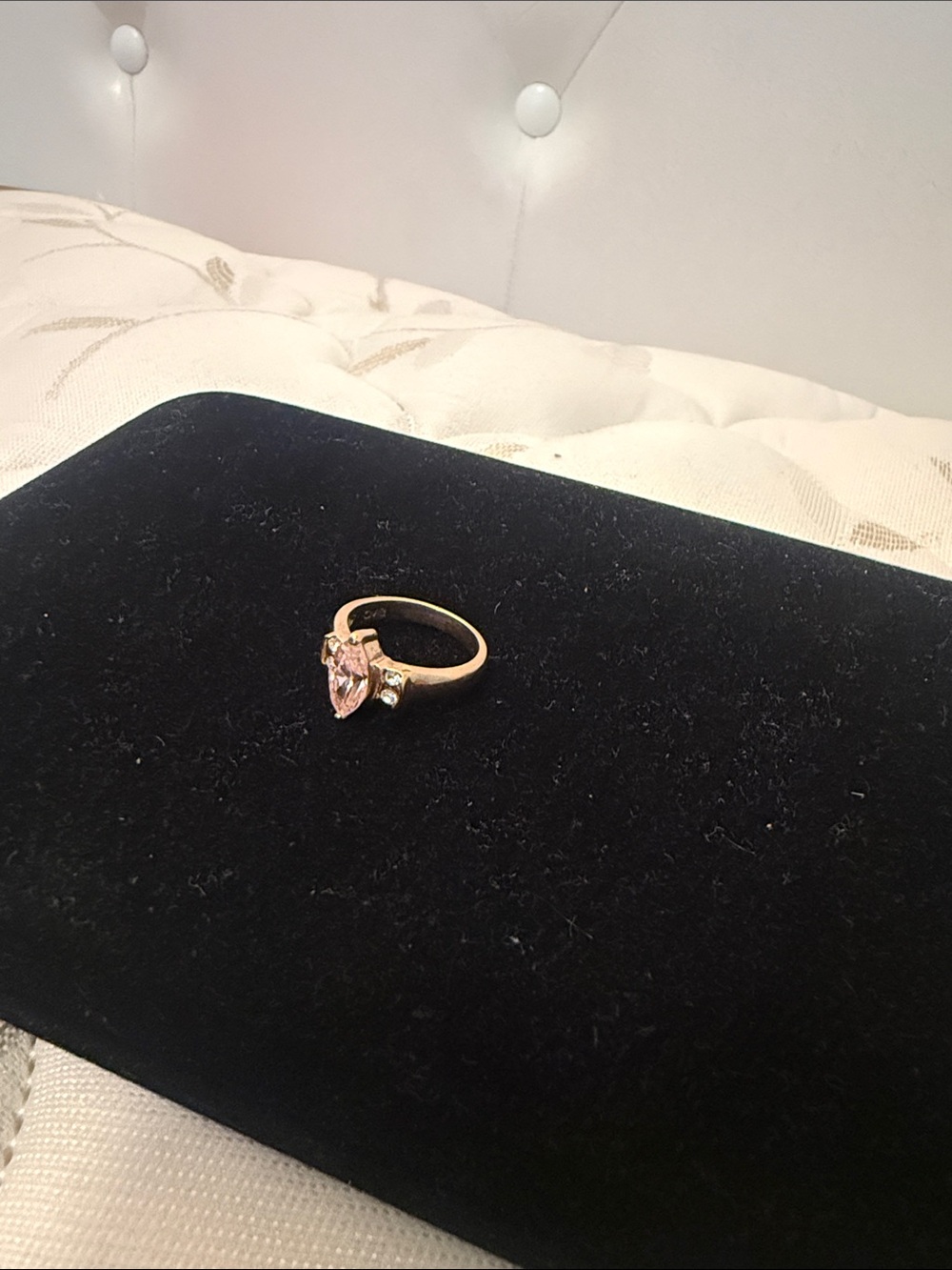 Gold Ring with Pink Pear-Shaped Stone and Side Accents plated gold